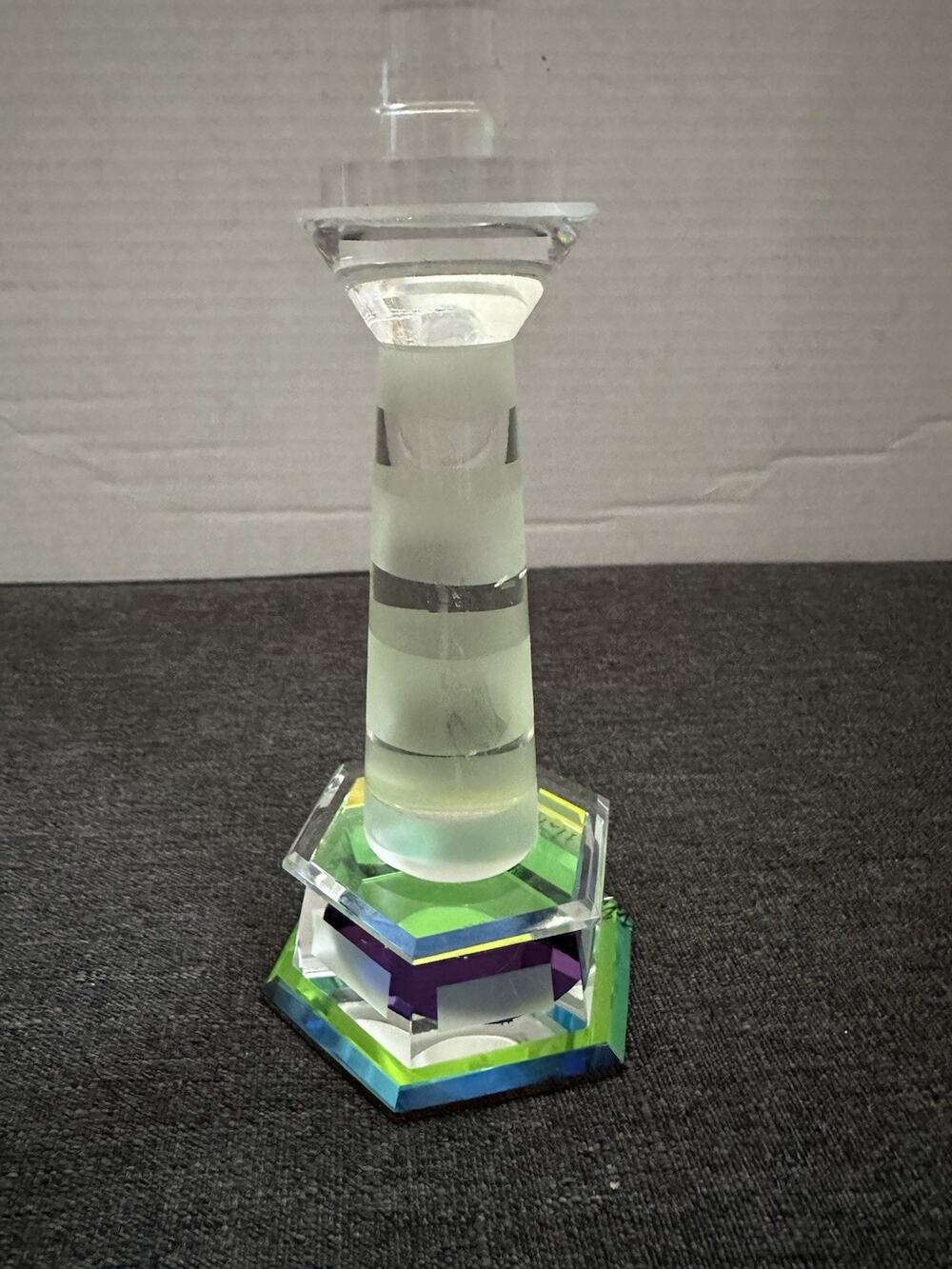 Crystal Glass Lighthouse Figurine 5.5” Green Blue Prism Nautical Coastal Decor